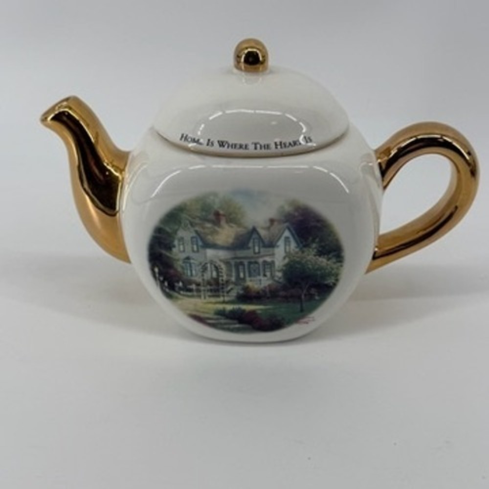 Thomas Kinkade Teleflora Teapot Home Is Where The Heart Is II Gold Trim Ceramic‎
